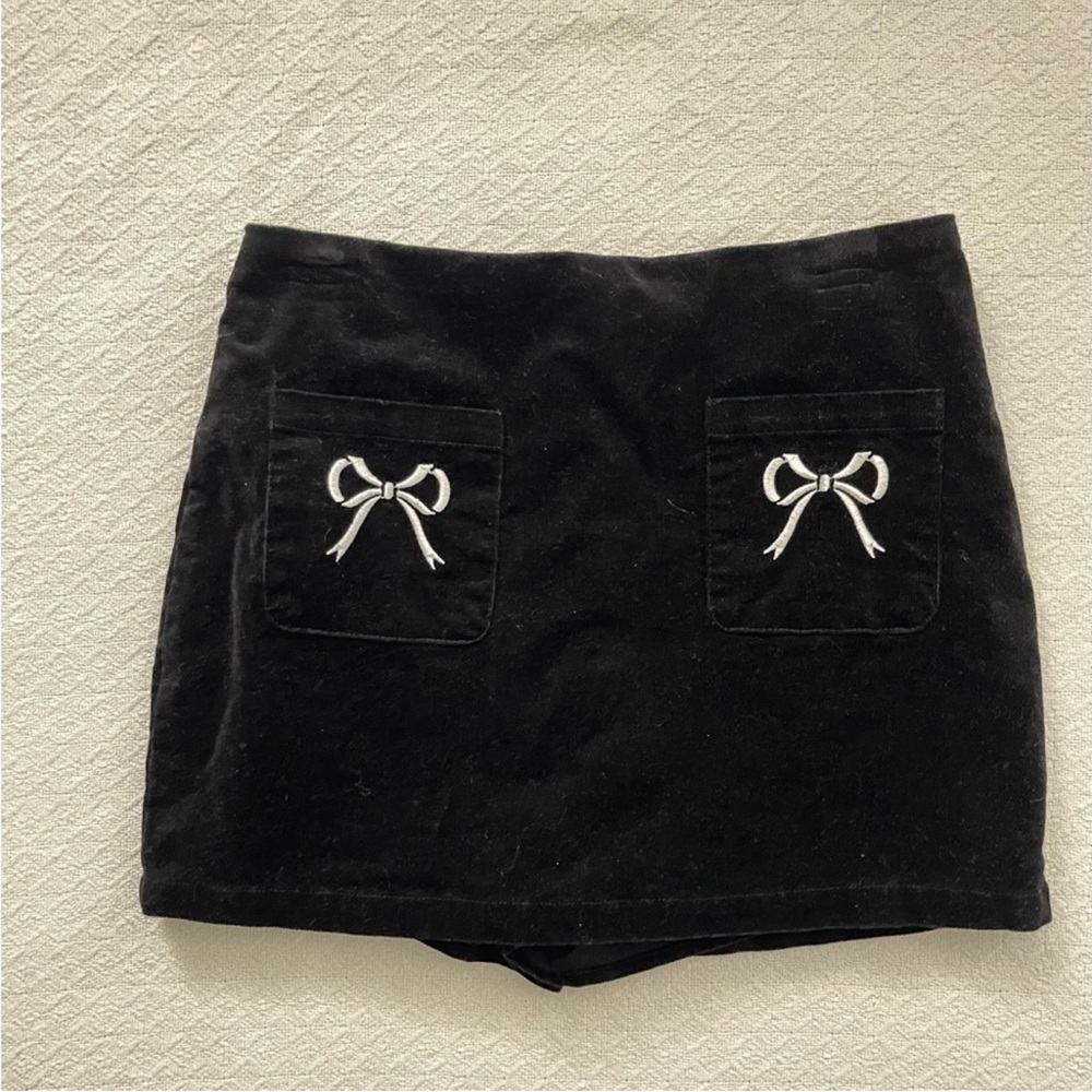 Altar'd State Black Velvet Skort with Embroidered White Bows
